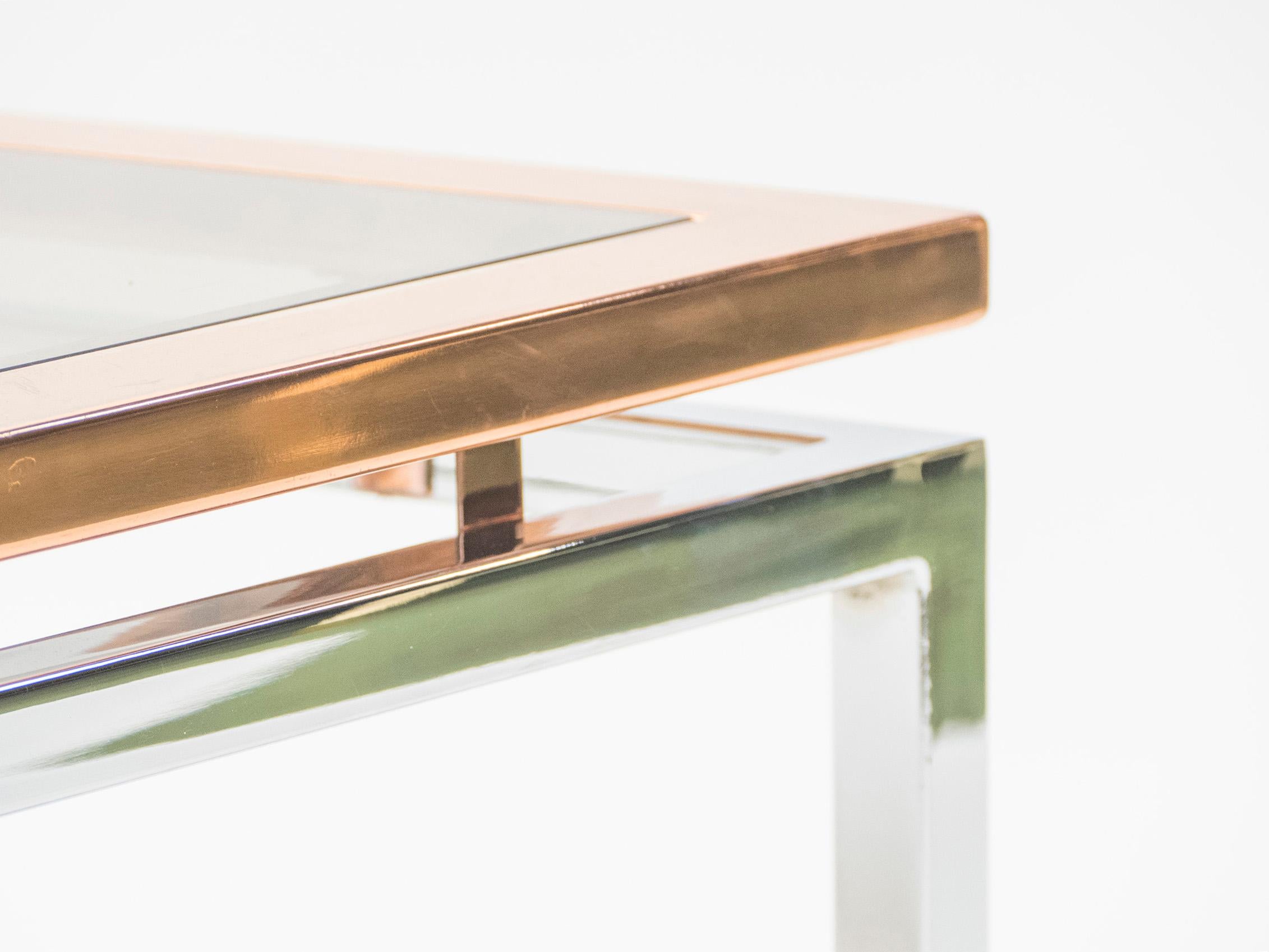 Late 20th Century Square Chrome Copper Coffee Table Guy Lefevre for Maison Jansen, 1970s