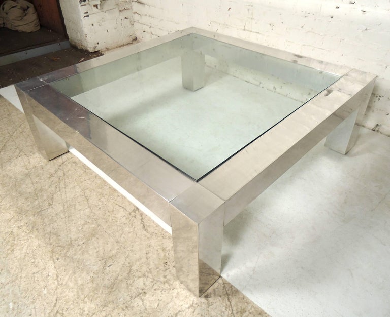 Square Chrome Glass Coffee Table in the Style of Paul Evans For Sale at