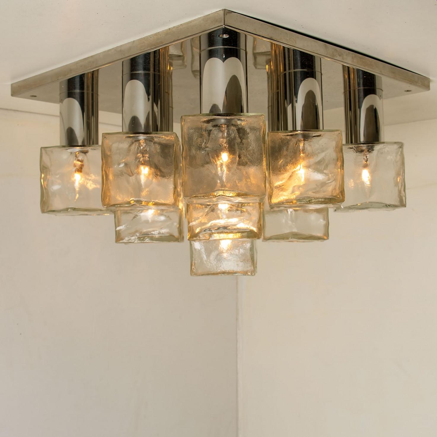 Square Chrome Ice Glass Flush Mount, Kalmar 1970s For Sale 8