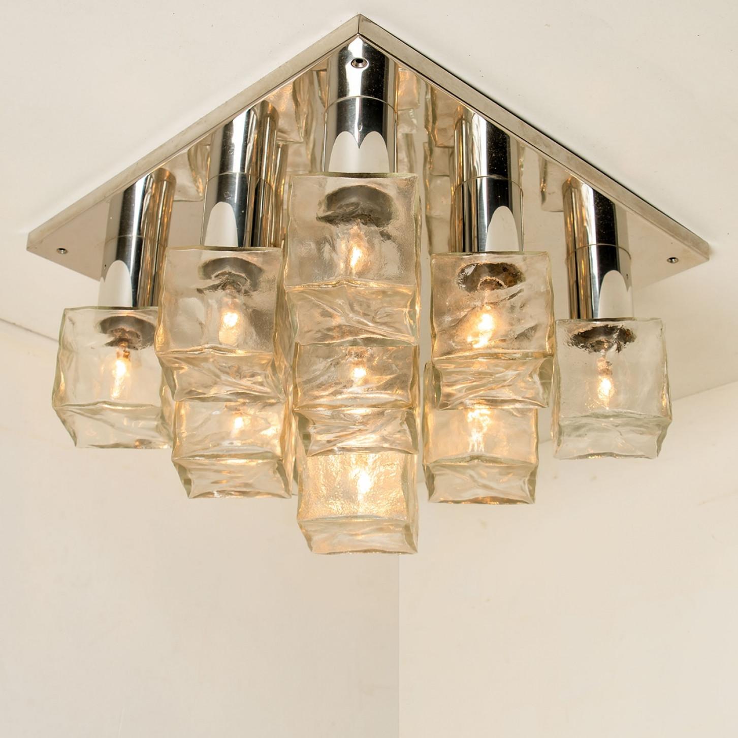Square Chrome Ice Glass Flush Mount, Kalmar 1970s For Sale 9