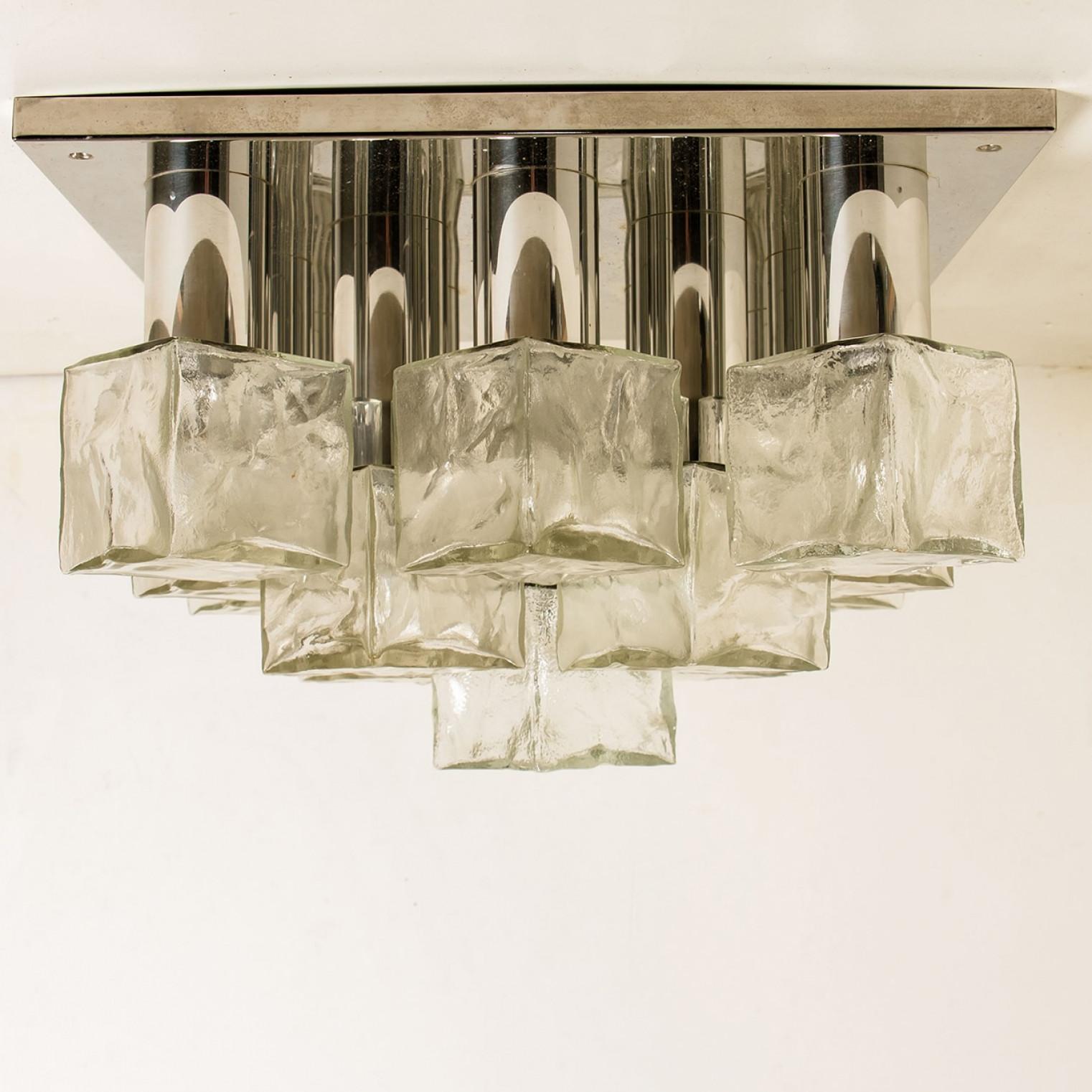 Mid-Century Modern Square Chrome Ice Glass Flush Mount, Kalmar 1970s For Sale