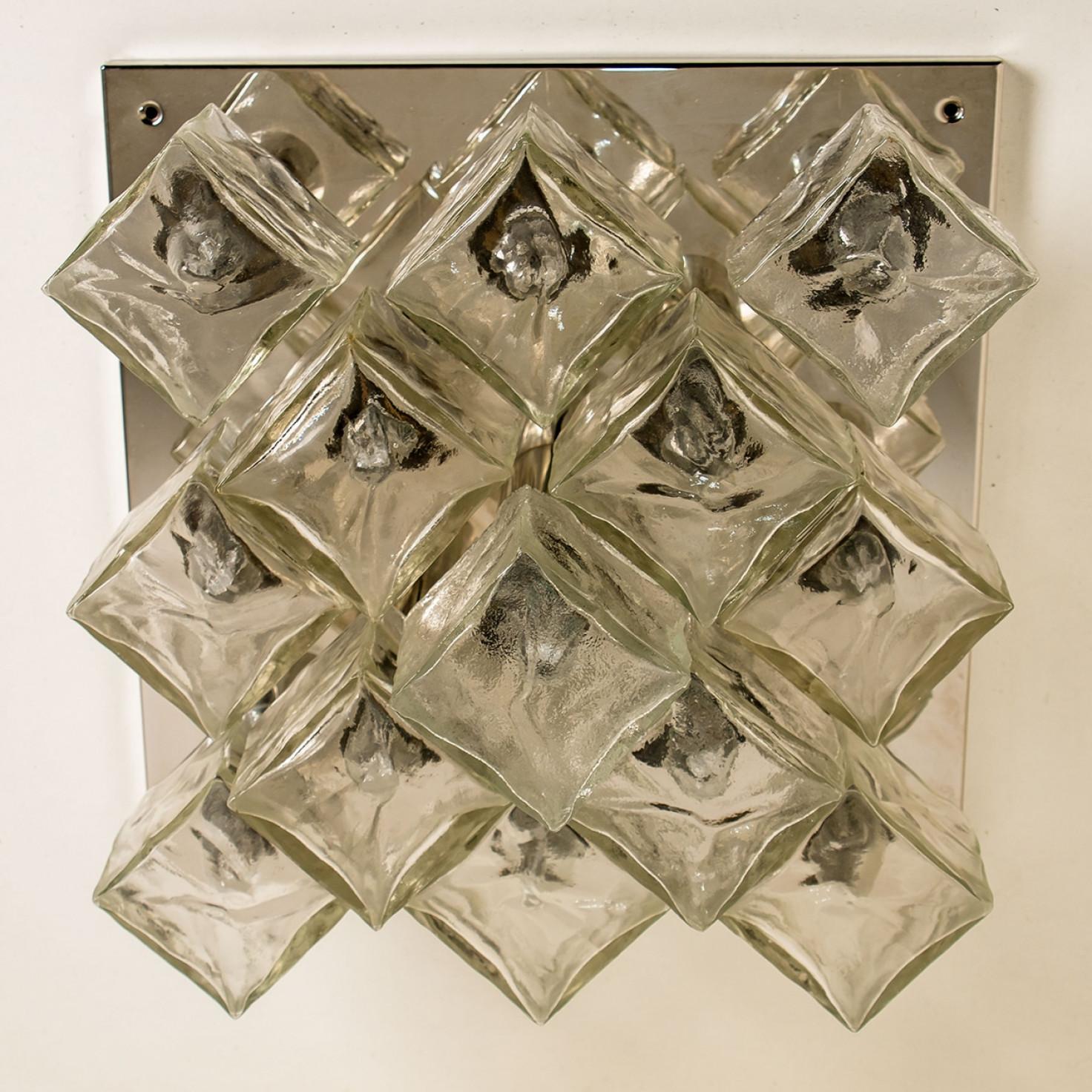 Other Square Chrome Ice Glass Flush Mount, Kalmar 1970s For Sale