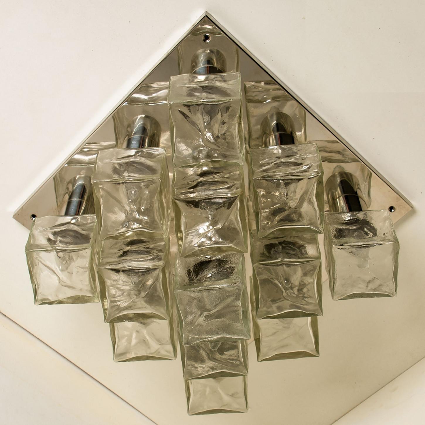 Square Chrome Ice Glass Flush Mount, Kalmar 1970s In Good Condition For Sale In Rijssen, NL