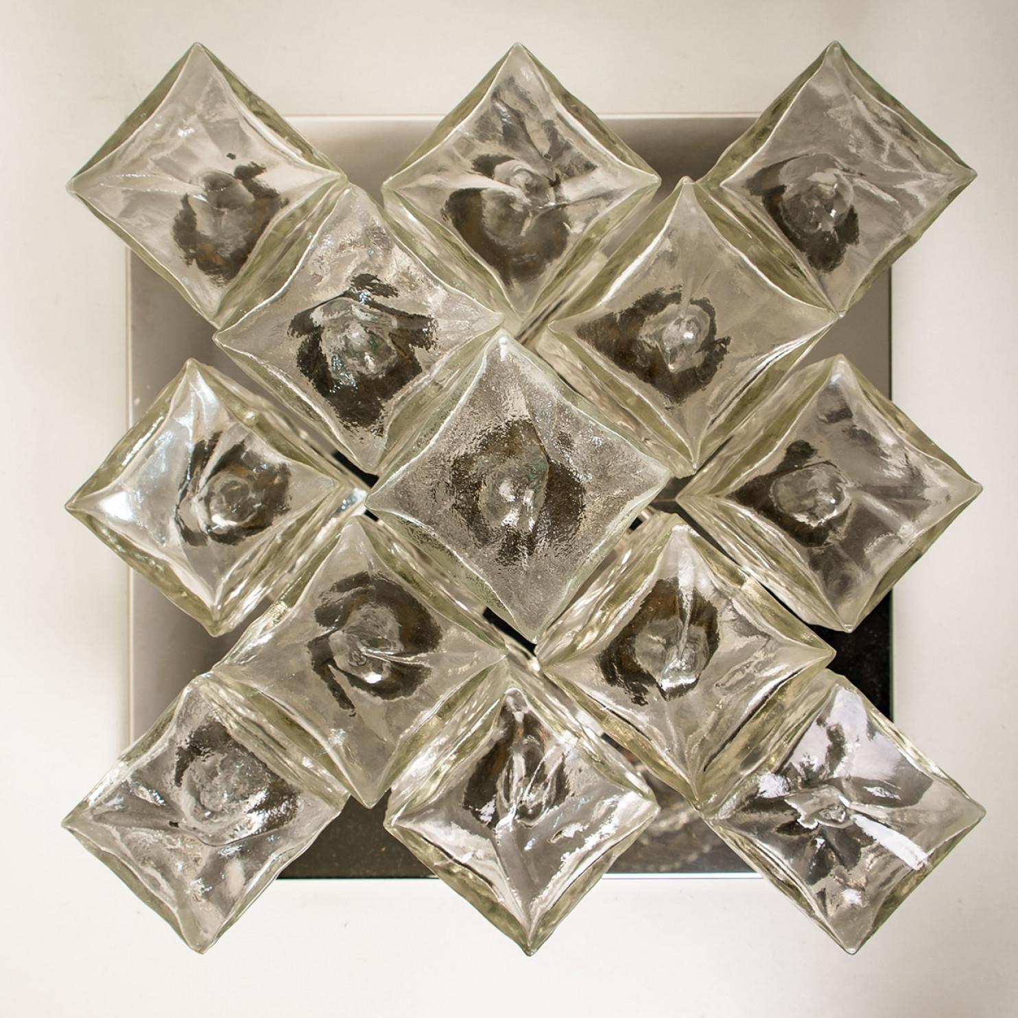 Late 20th Century Square Chrome Ice Glass Flush Mount, Kalmar 1970s For Sale