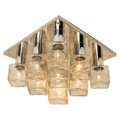 Square Chrome Ice Glass Flush Mount, Kalmar 1970s