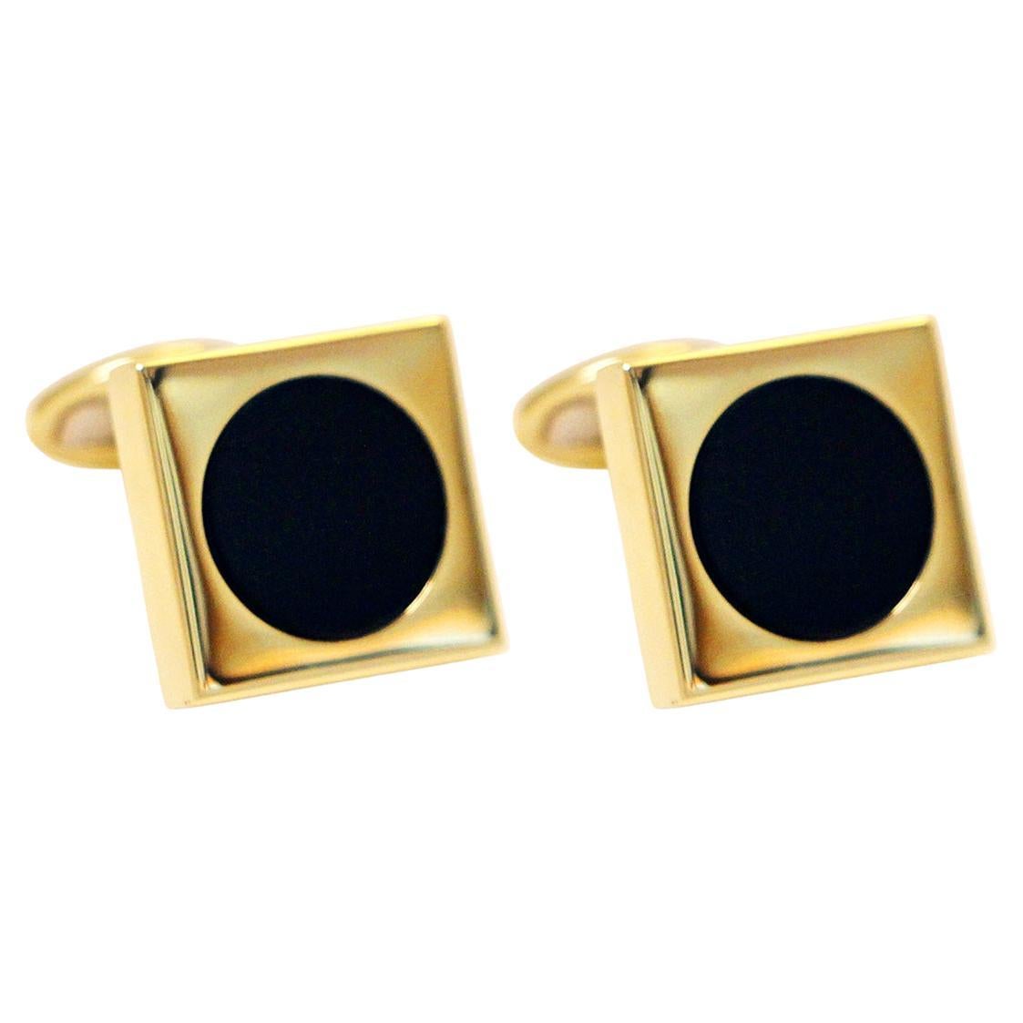 Square Circle Black Onyx Cufflinks Handcrafted in 14Kt Yellow Gold For Sale