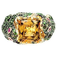 Retro Square Citrine and Multi-Gemstone Two Frog Cocktail Ring in 14 Karat Yellow Gold