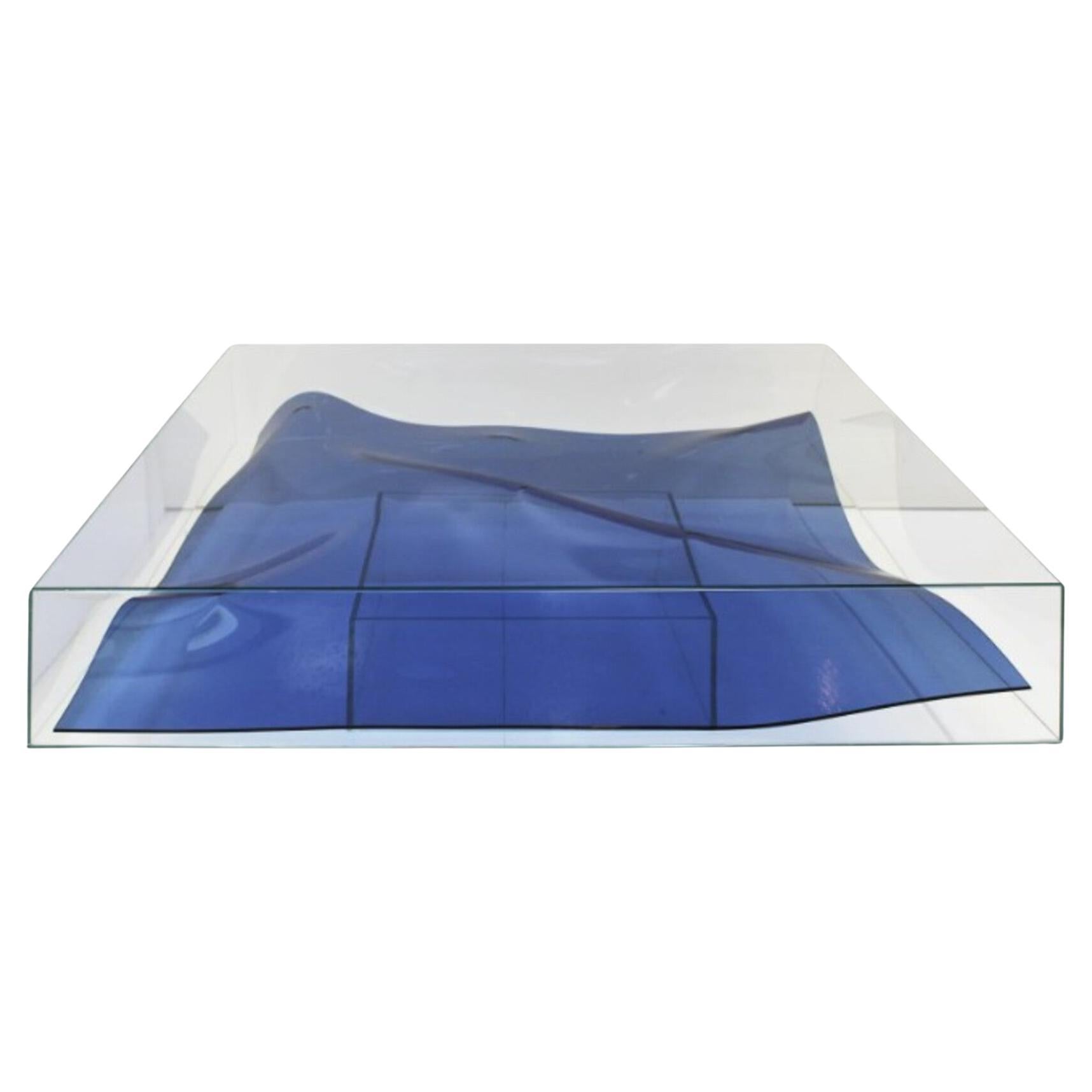 Square Clear Coffee Table by L.A. Studio with Blue Murano Glass, Italian Made For Sale