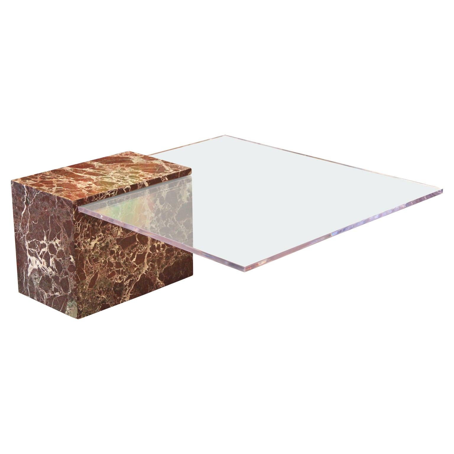 Square Clear Floating Lucite and Red and White Marble Italian Coffee Table
