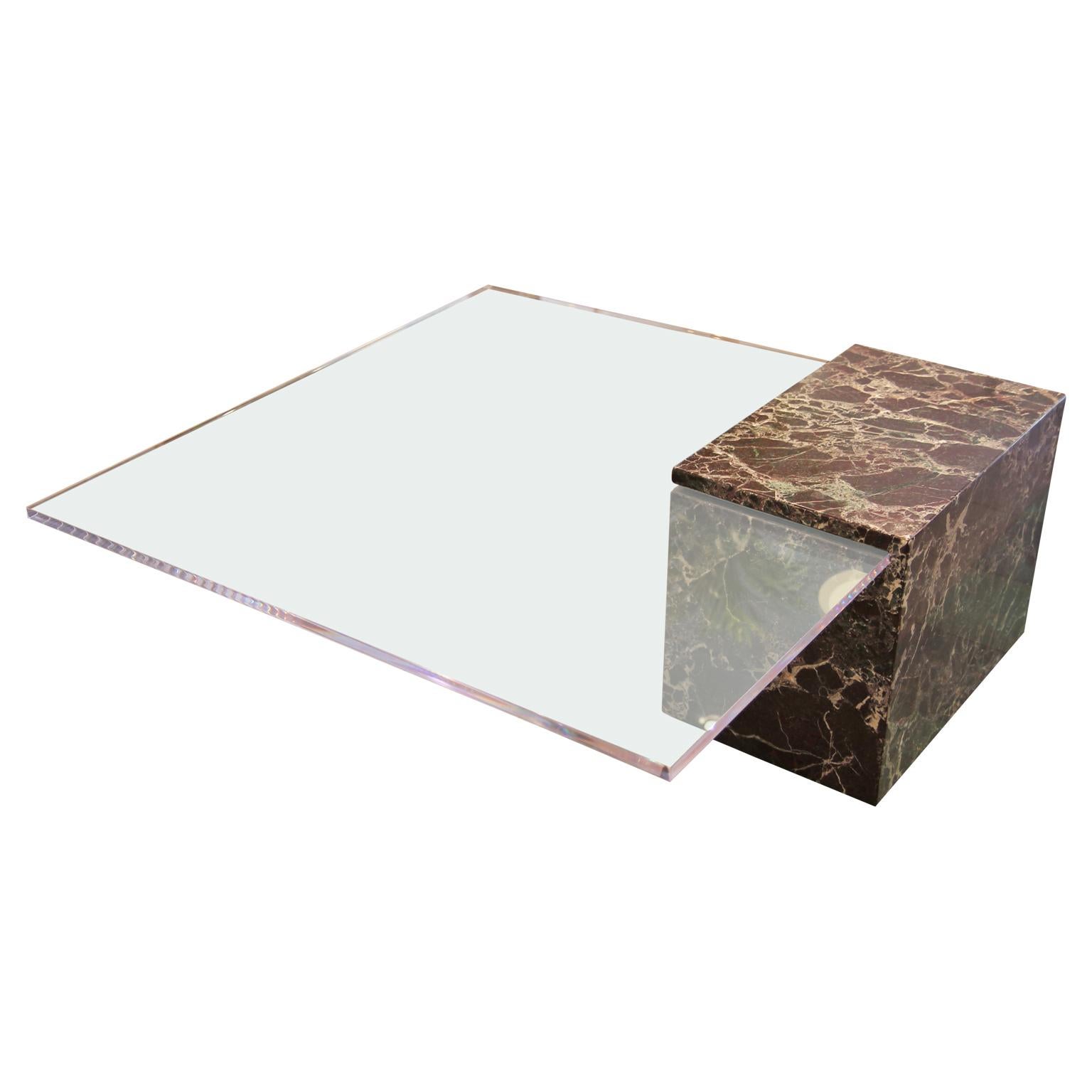 Modern Square Clear Floating Lucite and Red and White Marble Italian Coffee Table