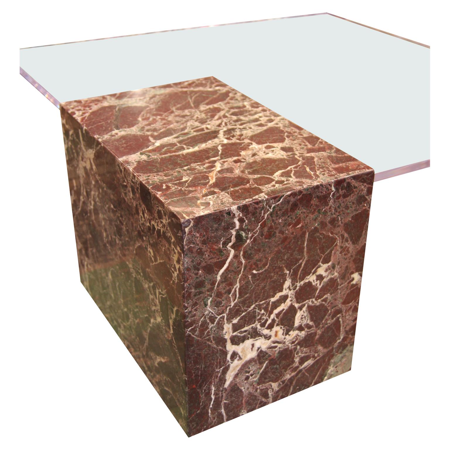 Square Clear Floating Lucite and Red and White Marble Italian Coffee Table In Good Condition In Houston, TX