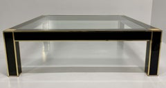 Square Coffee Table Attr. to Pierre Cardin in Black Lacquer, Brass, Glass, 70s