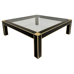 Square Coffee Table Attr. to Pierre Cardin in Black Lacquer, Brass, Glass, 70s