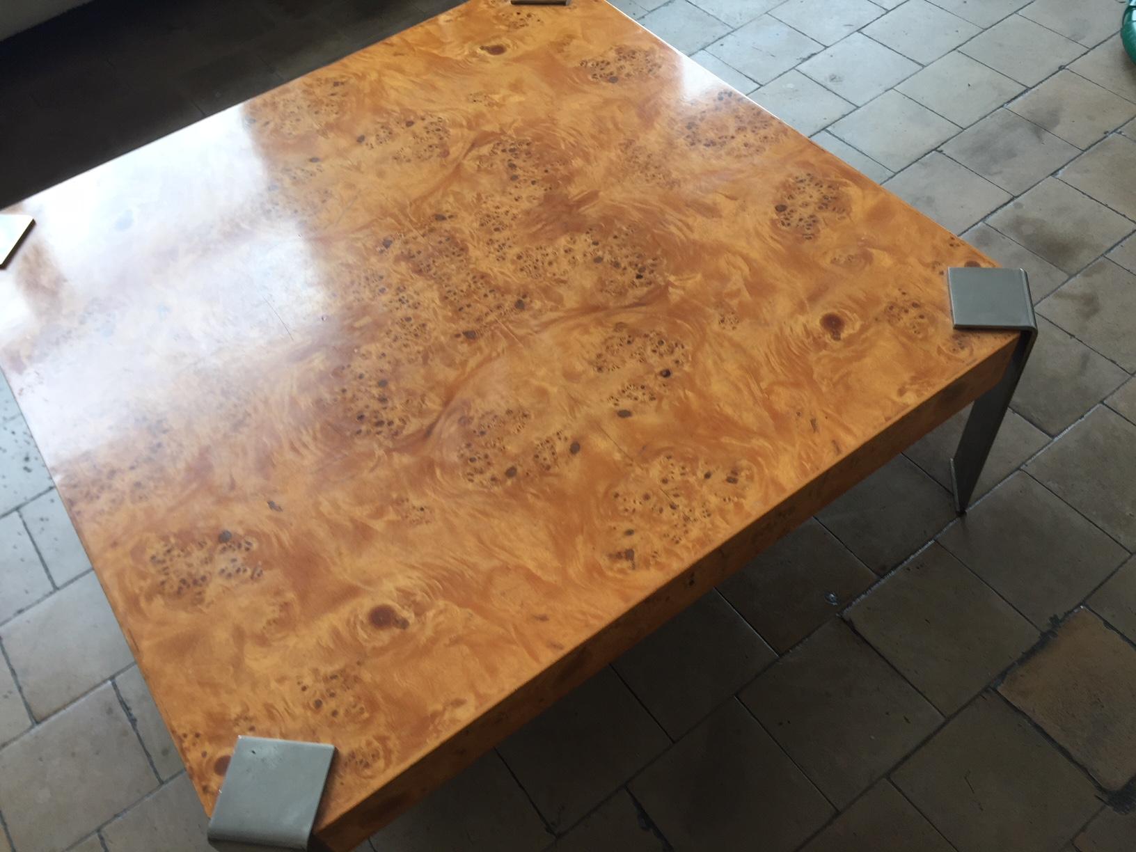 Mid-20th Century Square Coffee Table Burl Olive Wood in the Style of Milo Baughman For Sale