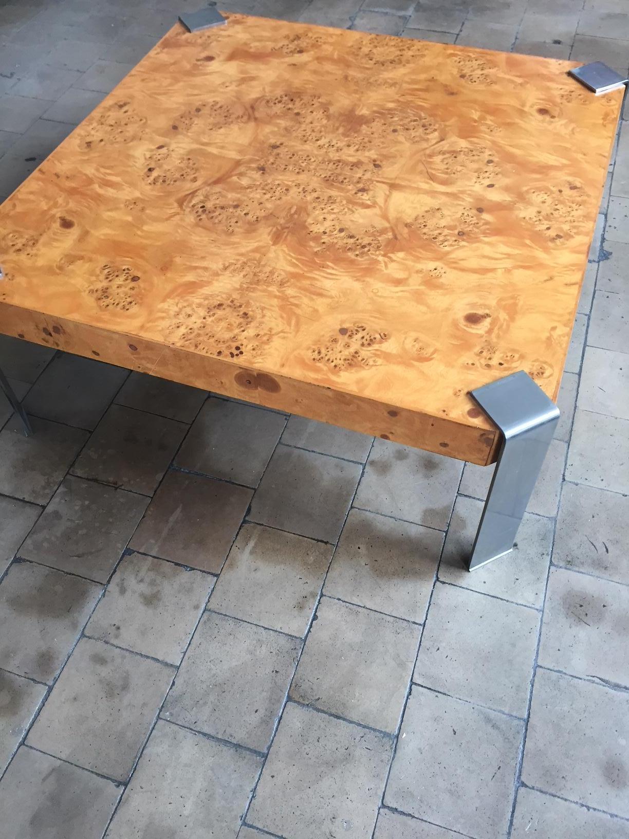 Square Coffee Table Burl Olive Wood in the Style of Milo Baughman In Fair Condition For Sale In Hamburg, DE