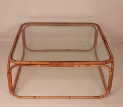 Square Coffee Table Designed by Miguel Milá in Bamboo and Glass, 1970s