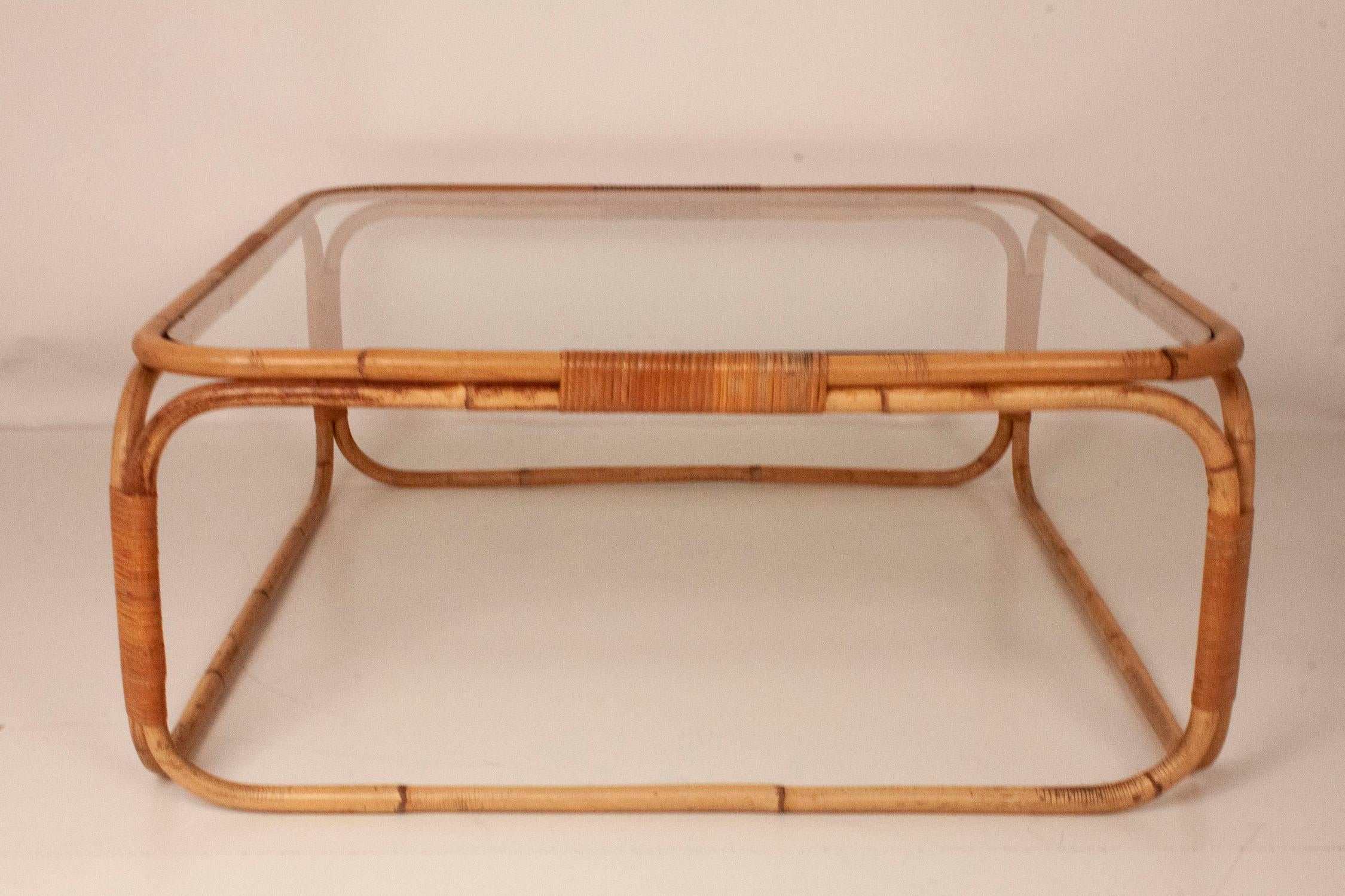 Mid-Century Modern Square Coffee Table Designed by Miguel Milá in Bamboo and Glass, 1970s