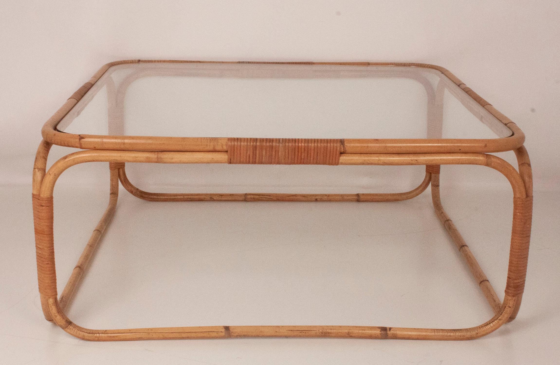 Spanish Square Coffee Table Designed by Miguel Milá in Bamboo and Glass, 1970s