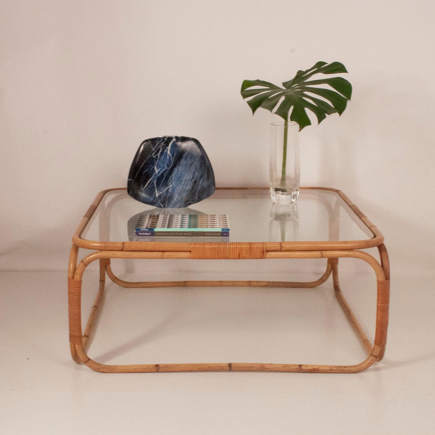 Square Coffee Table Designed by Miguel Milá in Bamboo and Glass, 1970s 1