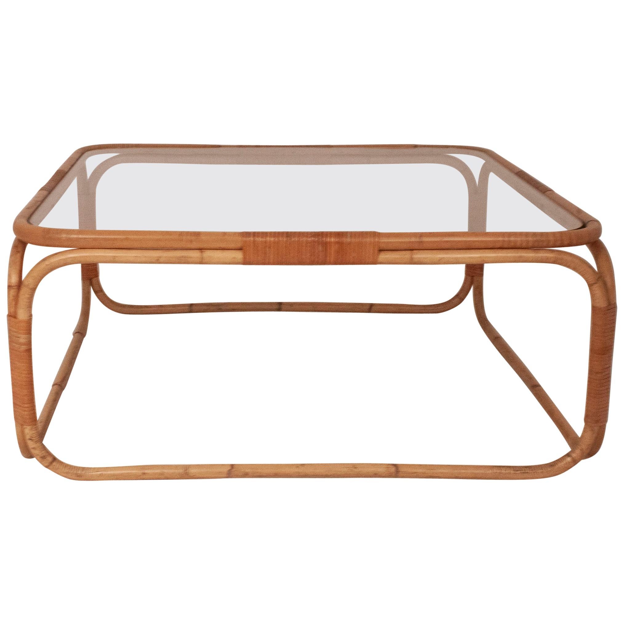 Square Coffee Table Designed by Miguel Milá in Bamboo and Glass, 1970s