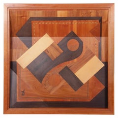 Table basse carrée, marqueterie artisanale, 1985