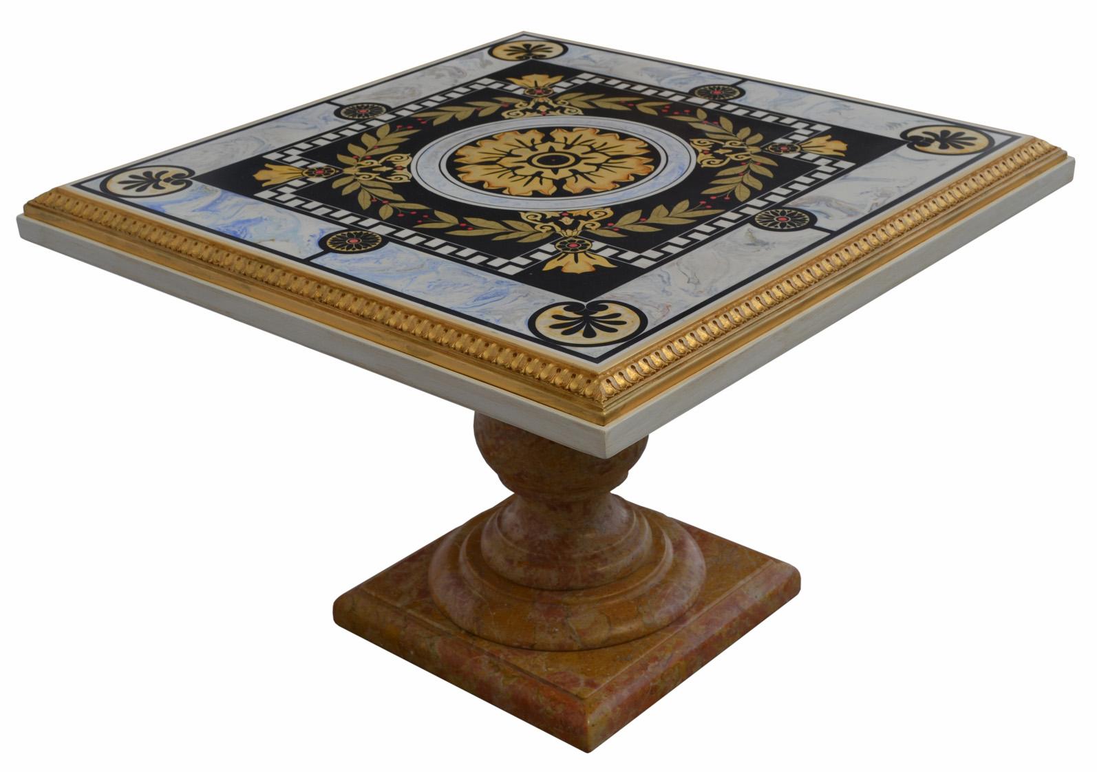 Italian Tavolino quadrato intarsio scagliola, base marmo giallo fatta a mano in Italia  For Sale