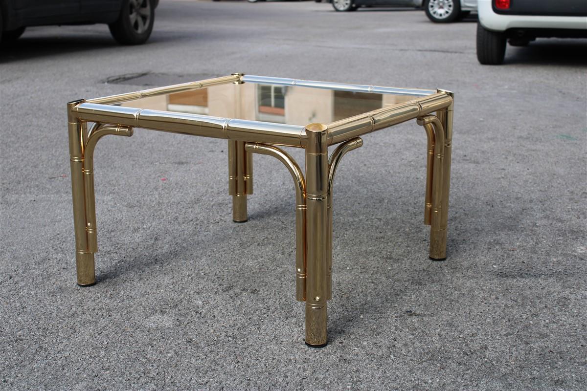Square coffee table in 24-karat gold metal Italian design 1970 bamboo cane.