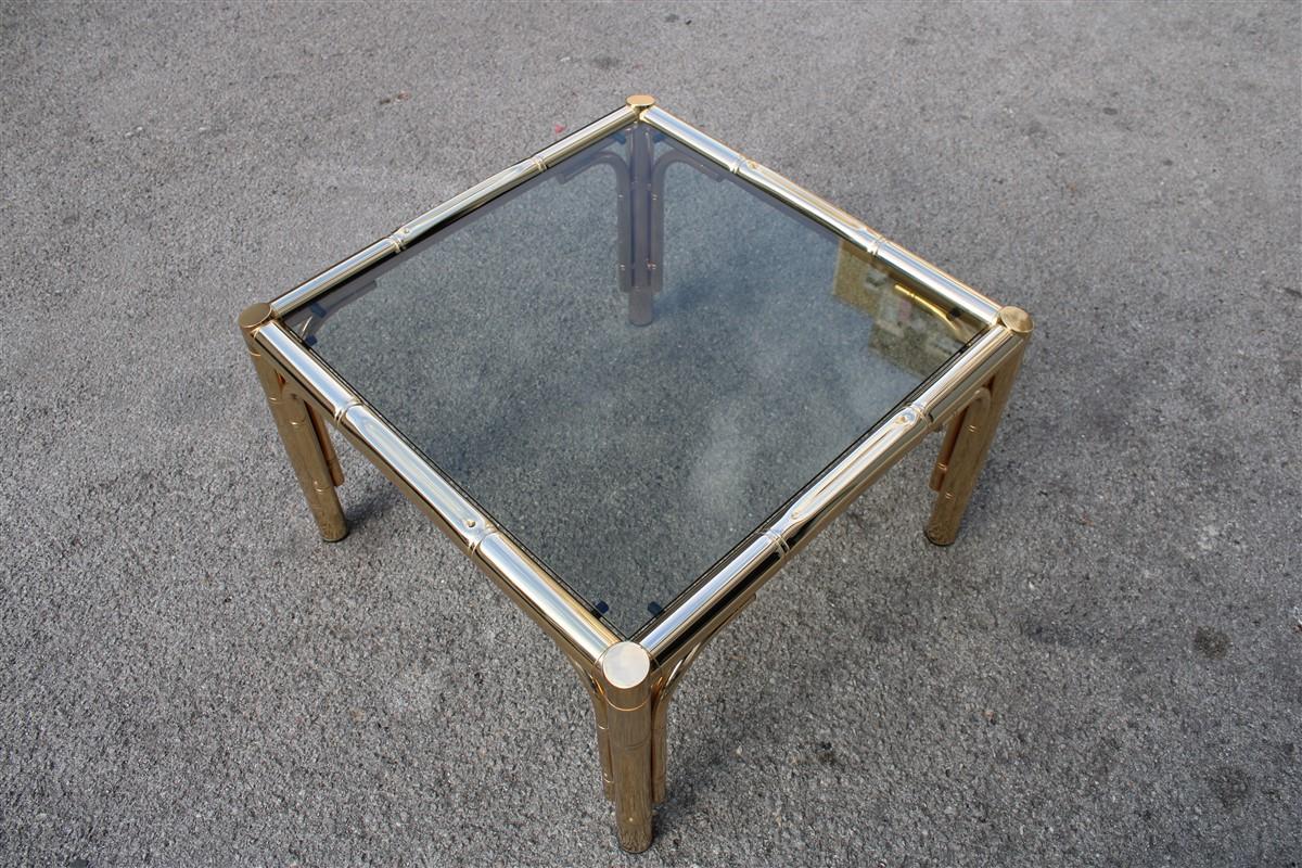 Late 20th Century Square Coffee Table in 24-Karat Gold Metal Italian Design 1970 Bamboo Cane For Sale