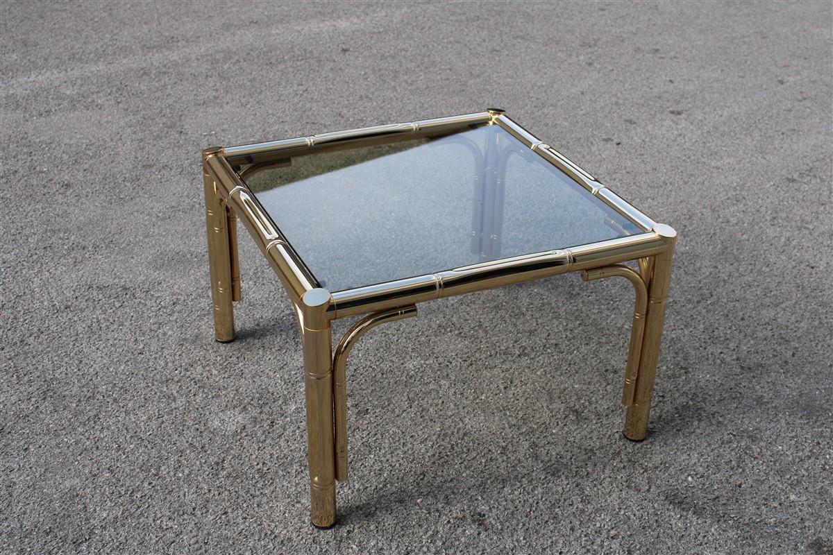 Square Coffee Table in 24-Karat Gold Metal Italian Design 1970 Bamboo Cane For Sale 2
