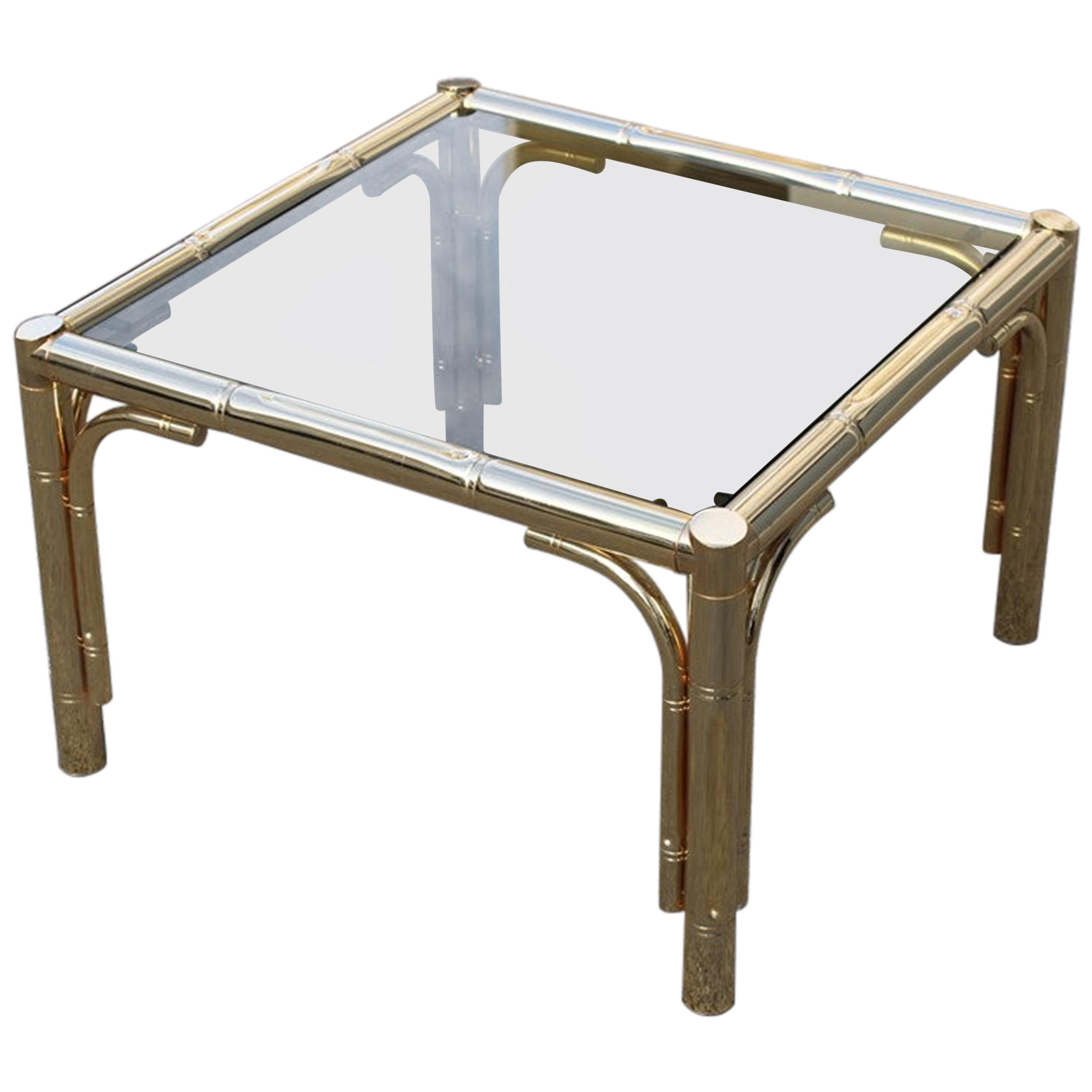 Square Coffee Table in 24-Karat Gold Metal Italian Design 1970 Bamboo Cane For Sale