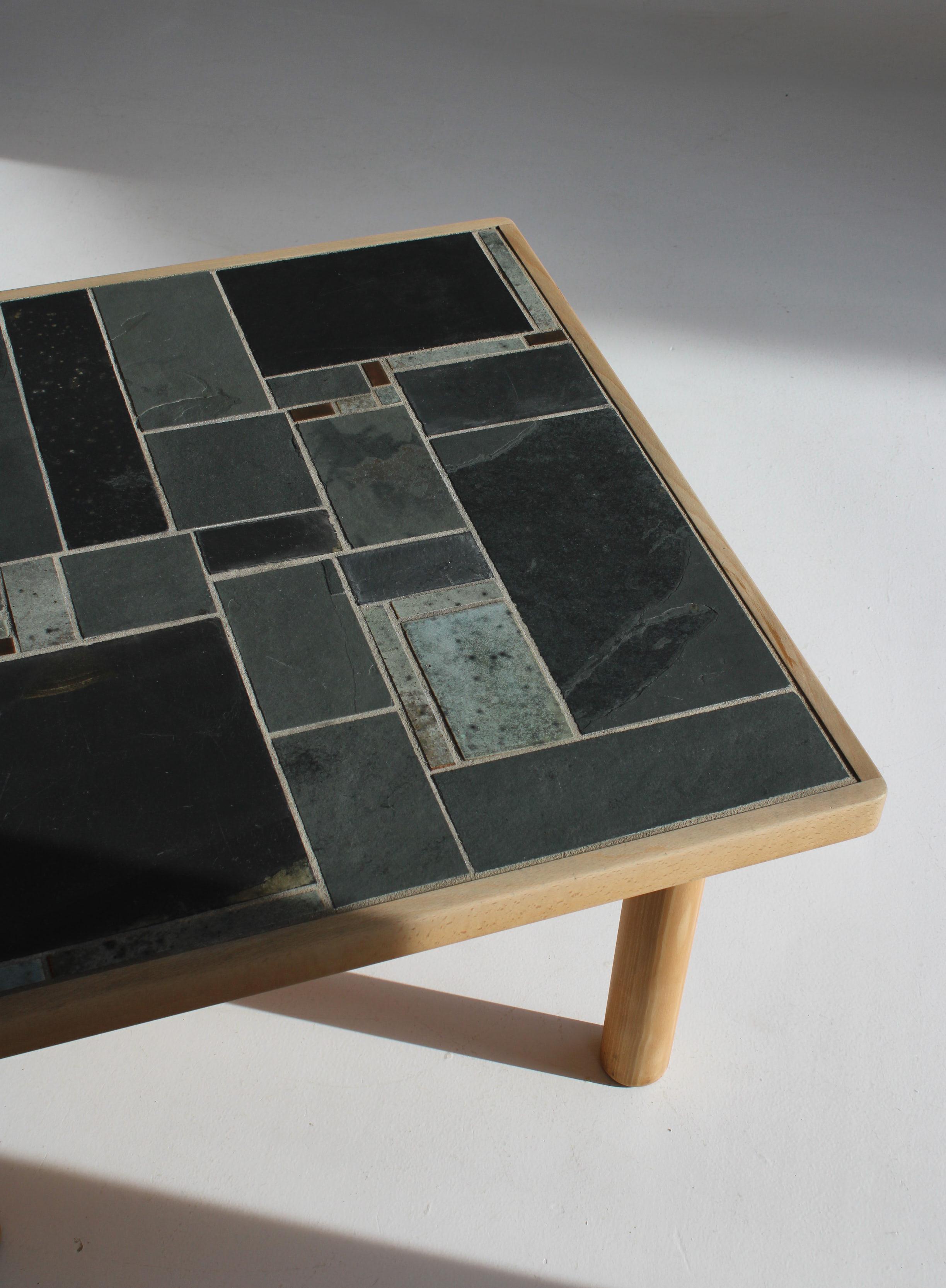 Square Coffee Table in Beechwood and Ceramic Tiles by Sallingboe, Denmark, 1970s For Sale 1
