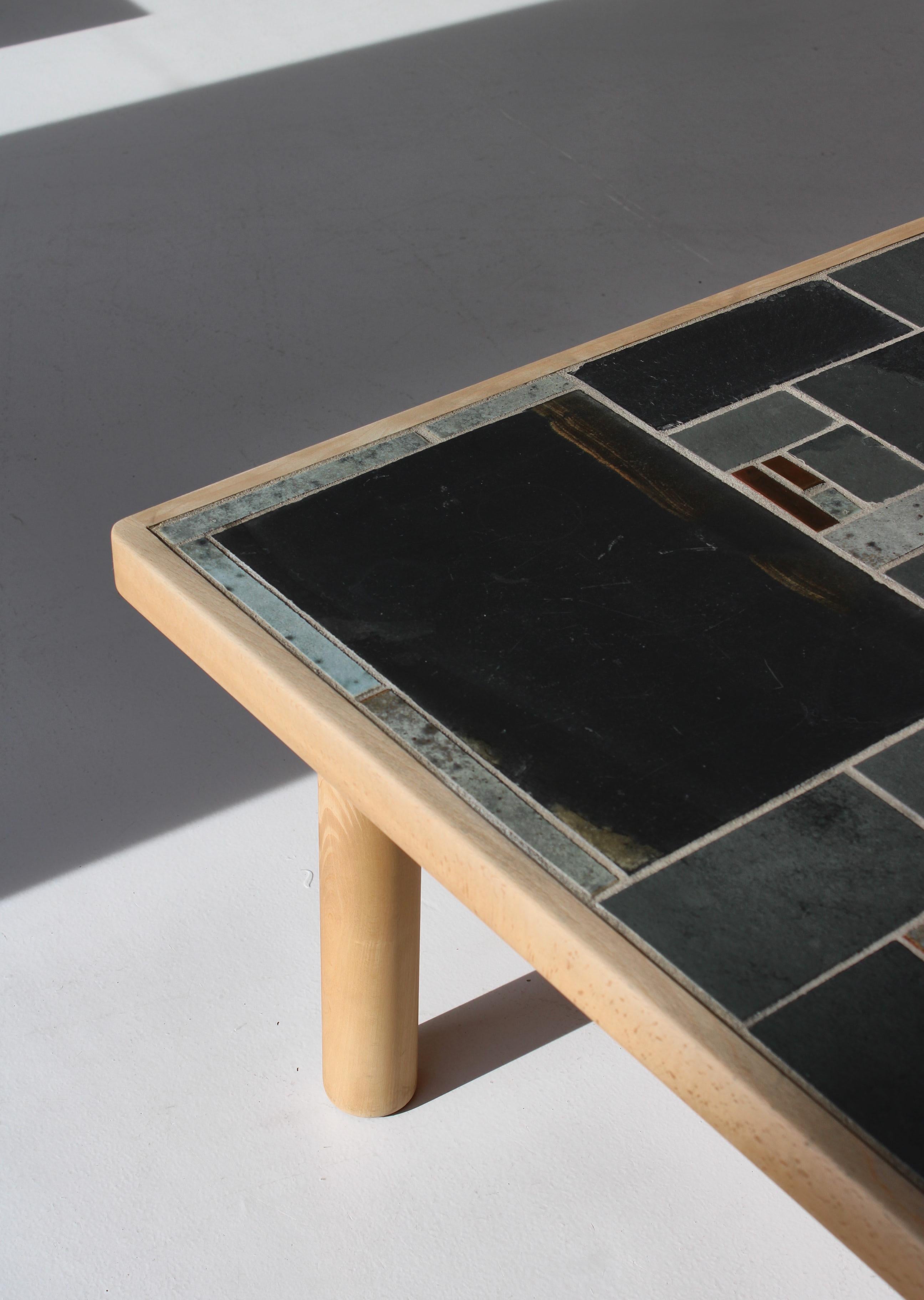 Scandinavian Modern Square Coffee Table in Beechwood and Ceramic Tiles by Sallingboe, Denmark, 1970s For Sale