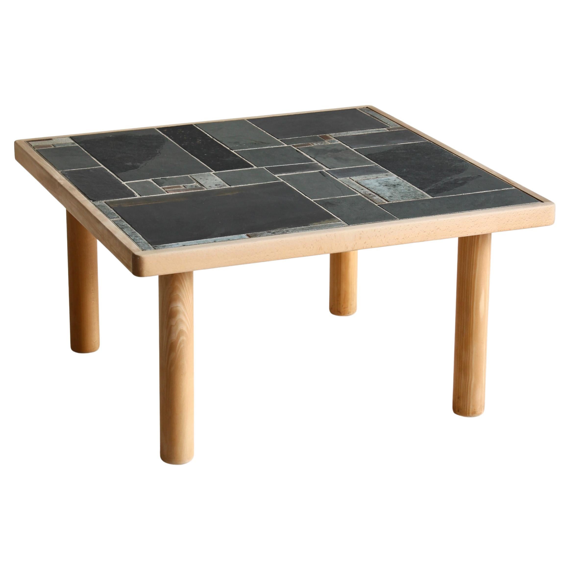 Square Coffee Table in Beechwood and Ceramic Tiles by Sallingboe, Denmark, 1970s For Sale