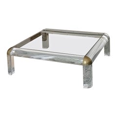 Square coffee table in brass and Lucite smoked glass Karl Springer style 70s