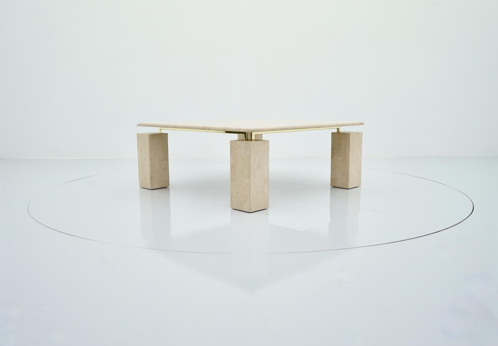 European Square Coffee Table in Italian Travertine with Floating Table Top, 1970s For Sale