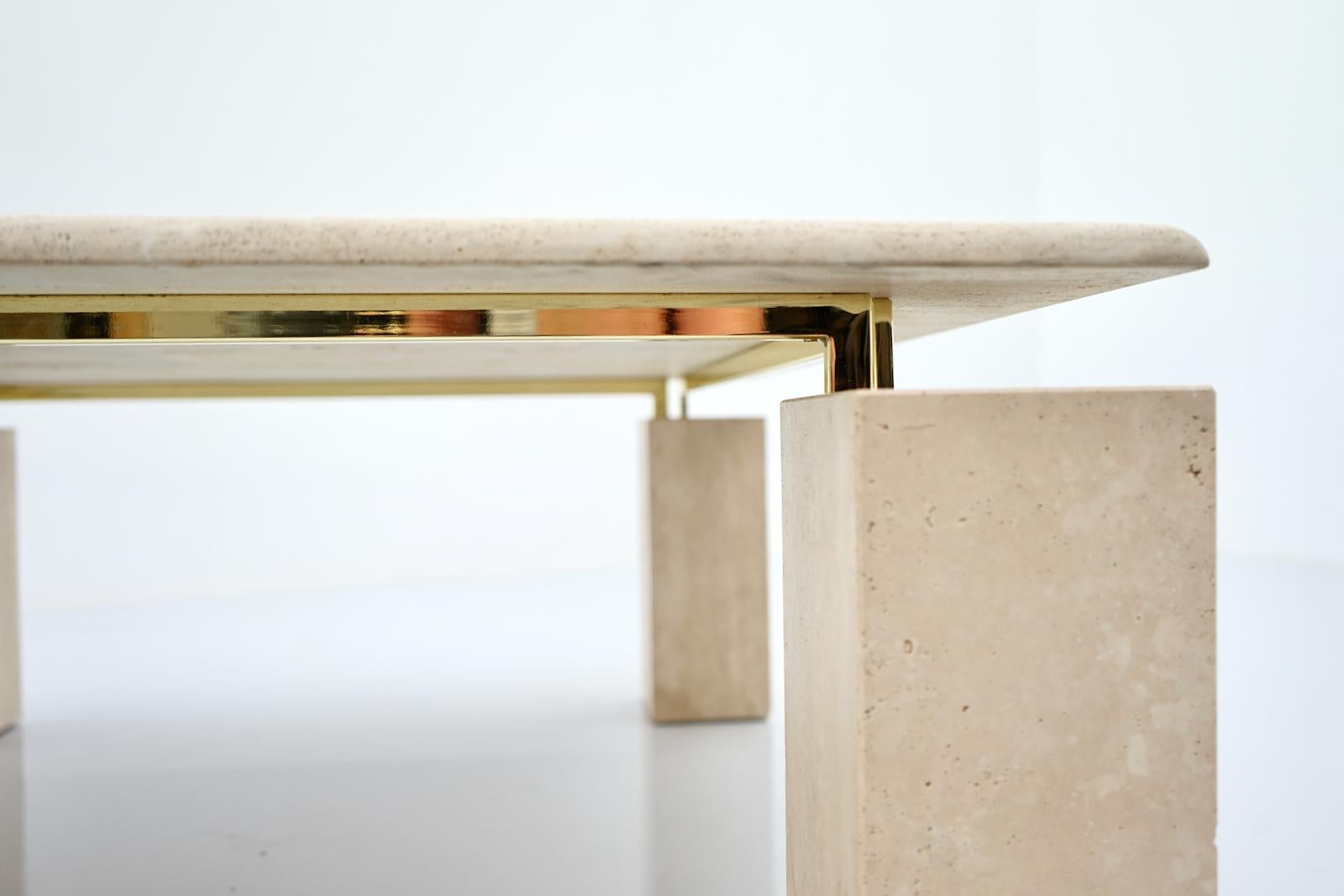 Brass Square Coffee Table in Italian Travertine with Floating Table Top, 1970s For Sale