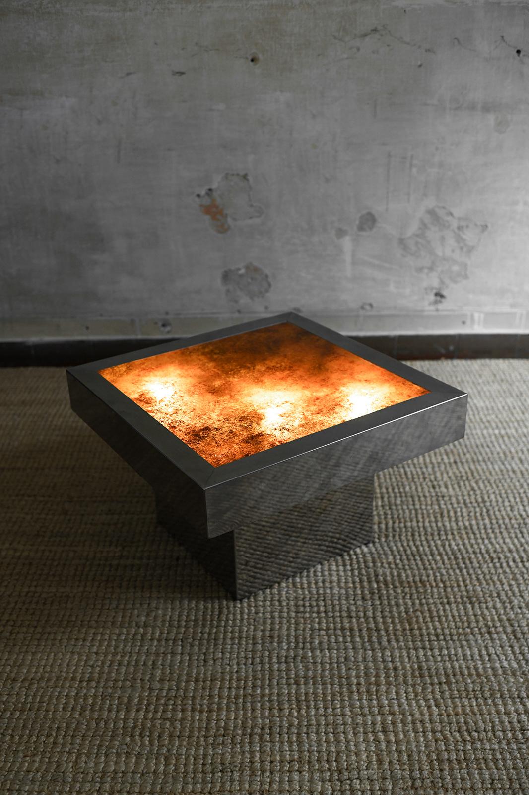 Fin du 20e siècle Table basse carrée en métal avec plateau rétro-éclairé, 1970 en vente