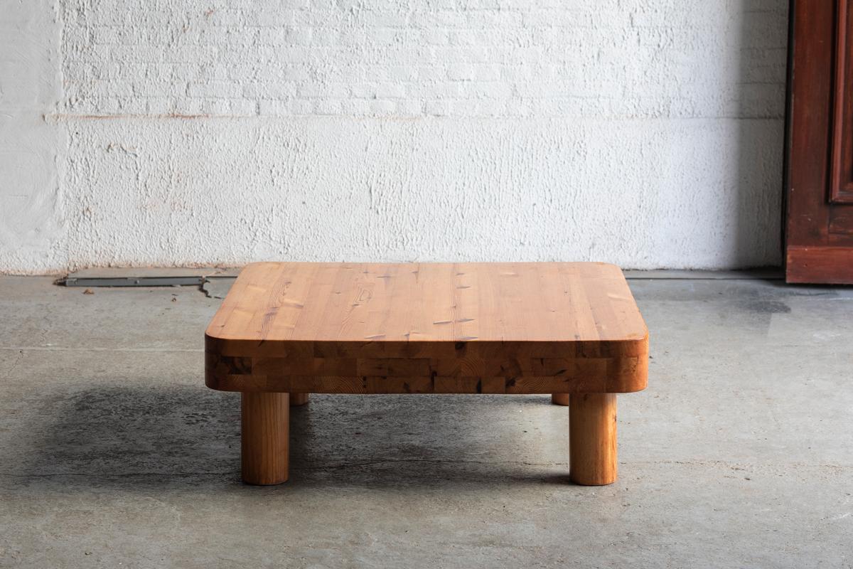 European Large Square Coffee Table in Pine Wood, 1970s For Sale