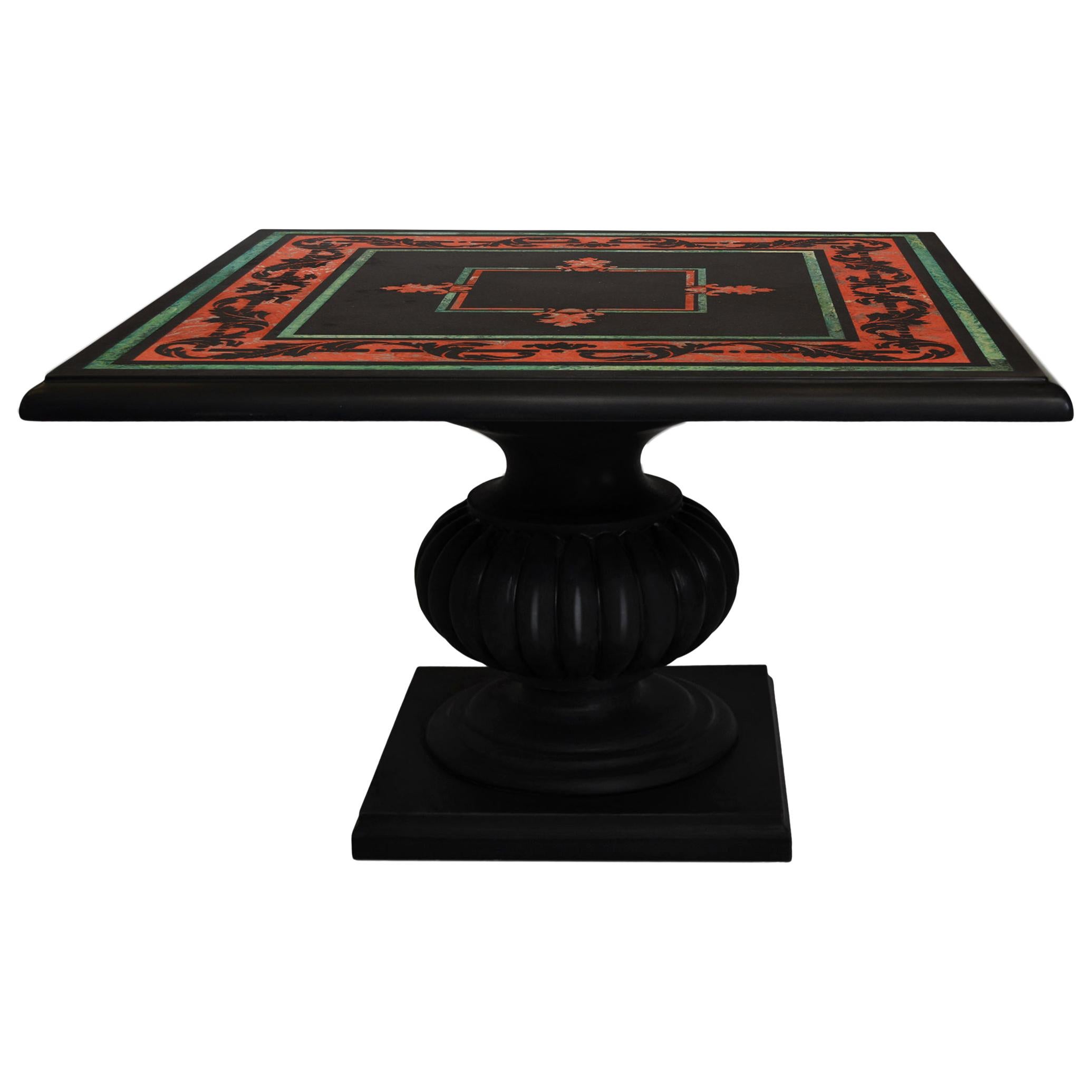 Black Coffee Table Inlaid Slate Top Lacquered Wood Base Handmade Scagliola Art