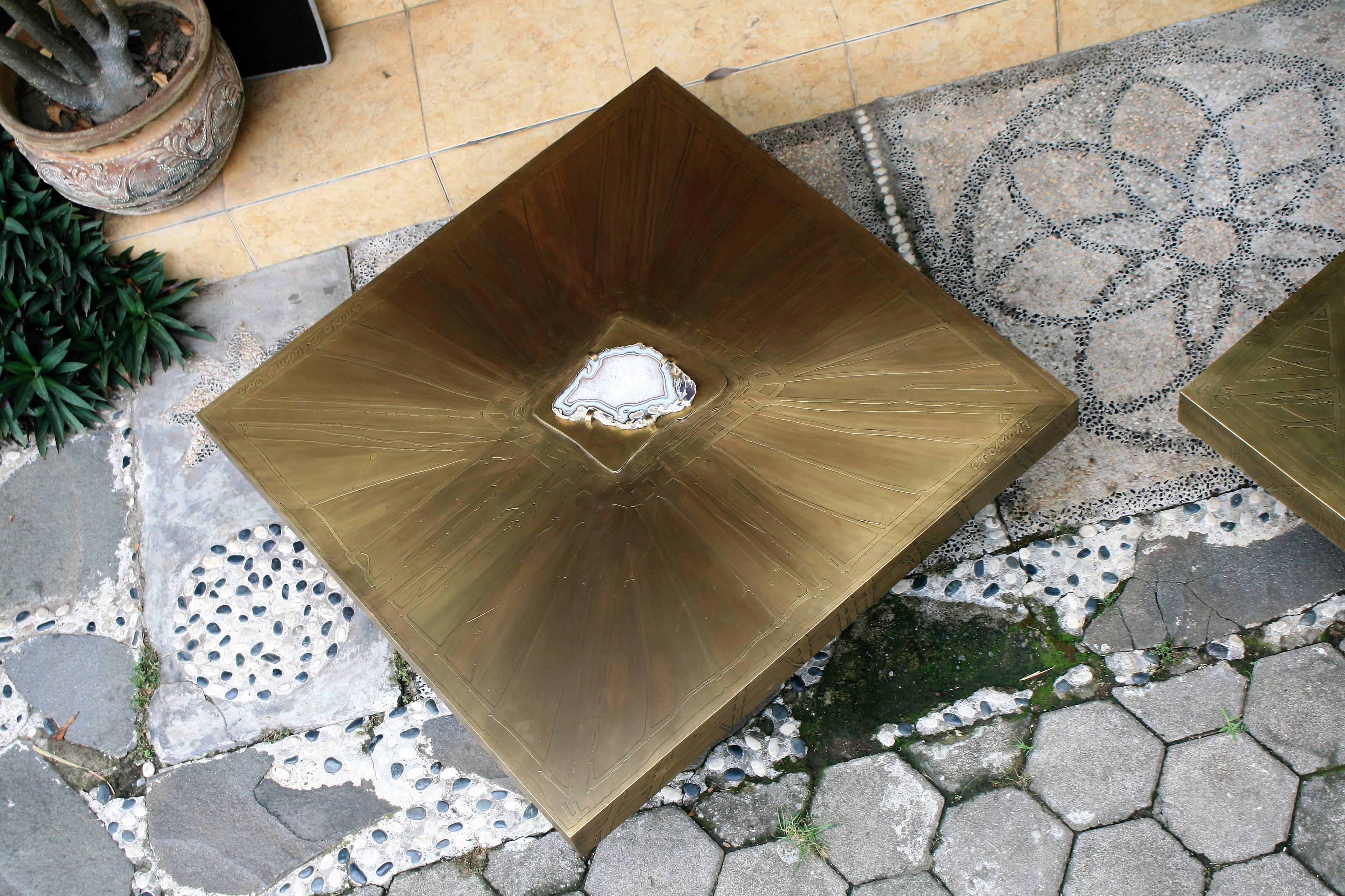 Contemporary Square Coffee Table Nr1 by Belgali Acid Etched Brass and Agate Slice