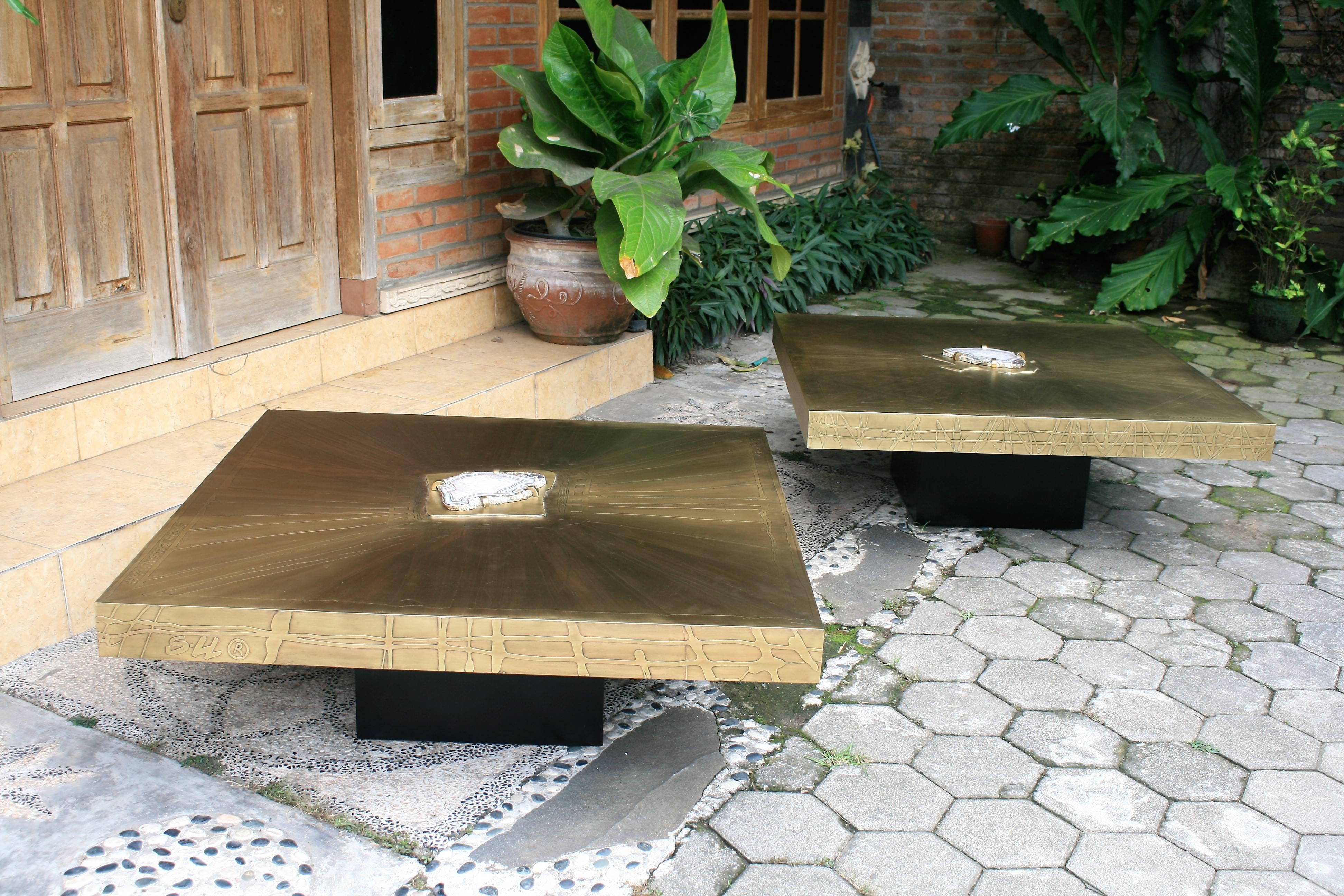 Square Coffee Table Nr1 by Belgali Acid Etched Brass and Agate Slice 1