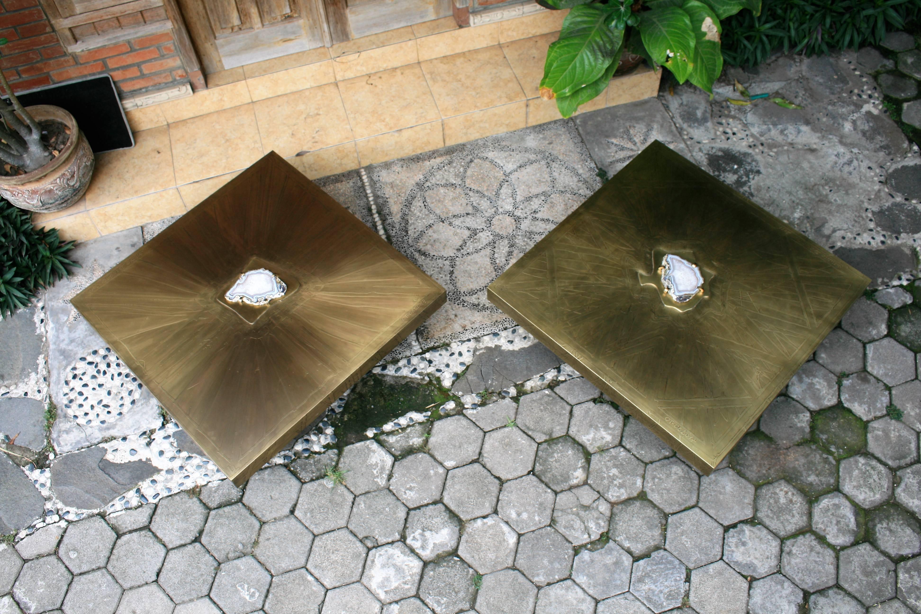 Square Coffee Table Nr1 by Belgali Acid Etched Brass and Agate Slice 2