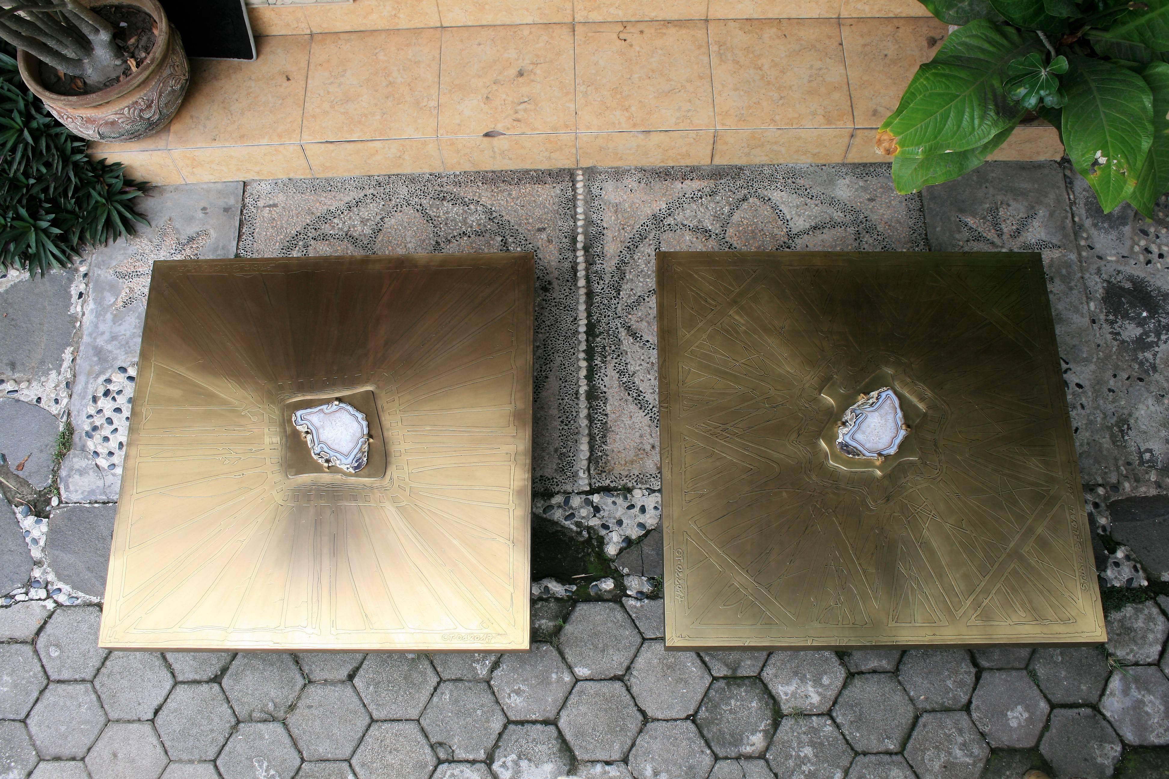 Square Coffee Table Nr1 by Belgali Acid Etched Brass and Agate Slice 3