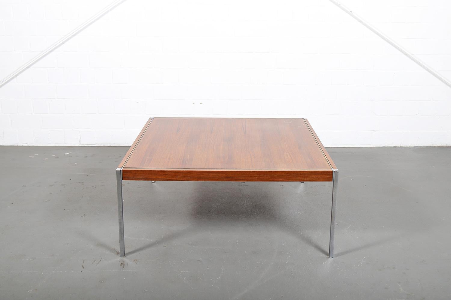 Square Coffee Table designed by Richard Schultz for Knoll International – model “3454” made of rosewood table top and chrome legs. Hard to find! Marked on the underside with the Knoll manufacturer’s label.