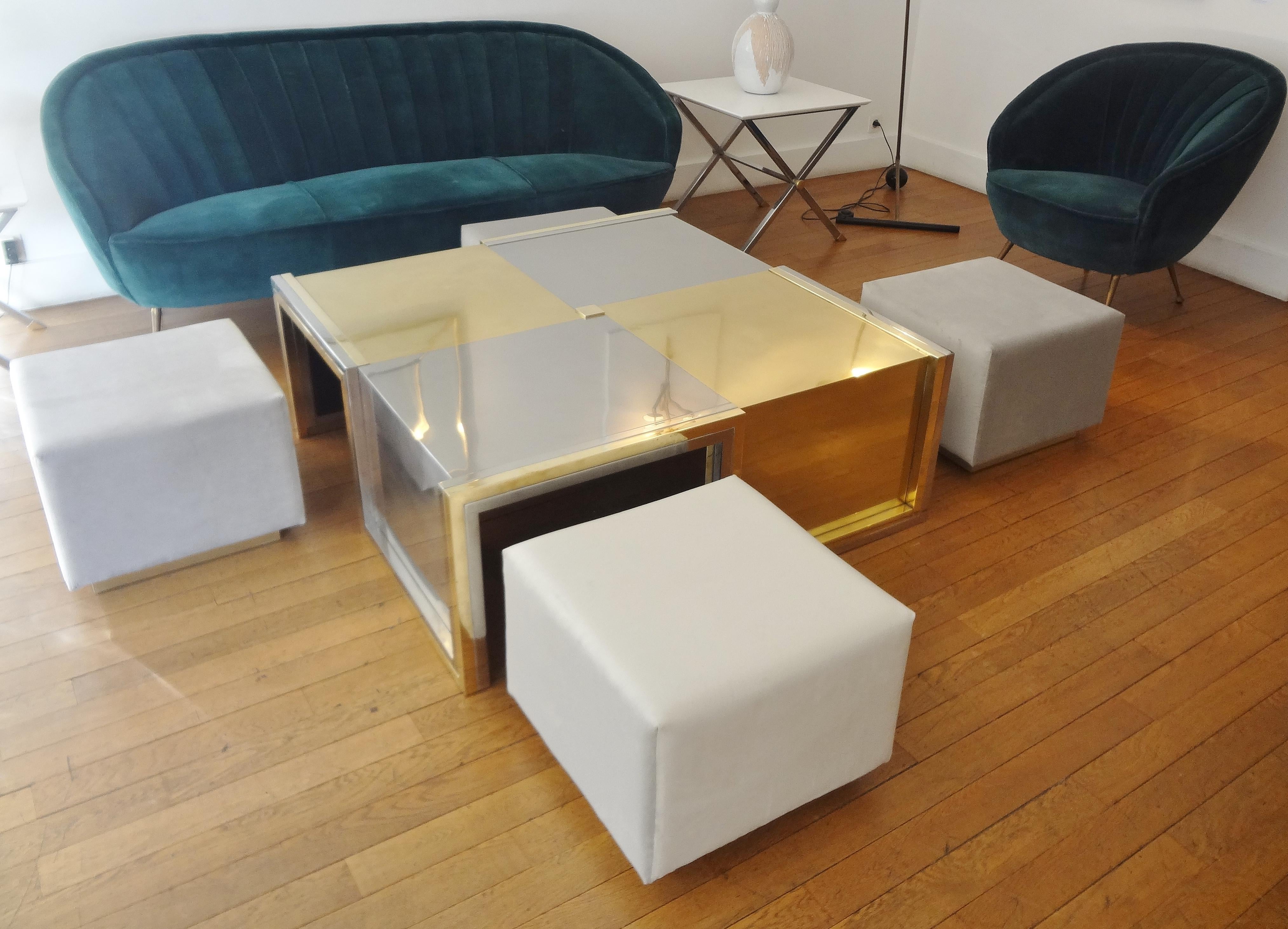 Gilt Square Coffee Table with 4 Stools, 1975 by Giovanni Banci, Italy For Sale