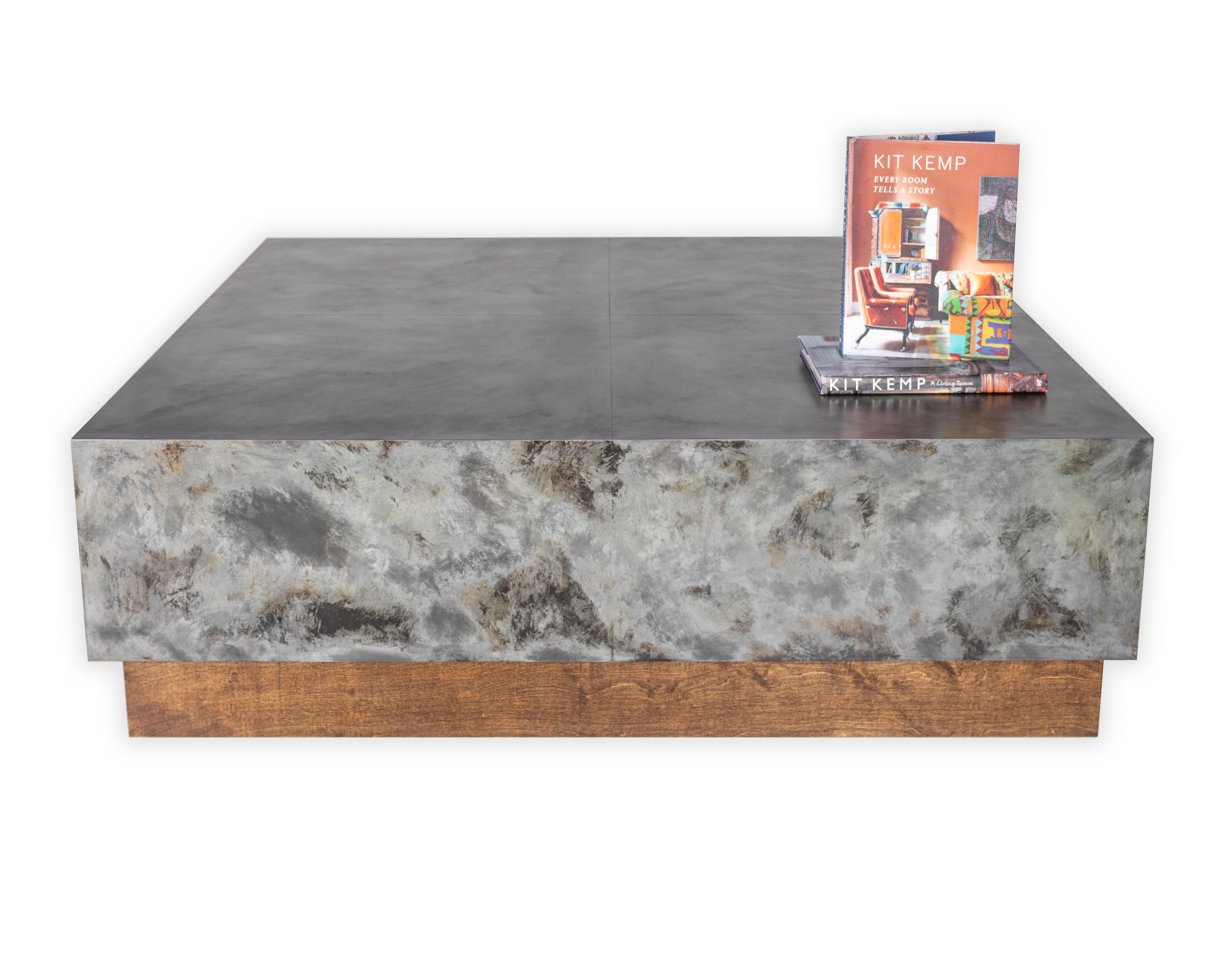 North American Square Coffee Table with a Patina Copper Zinc Top with an Oak Base in Soft Tawny For Sale