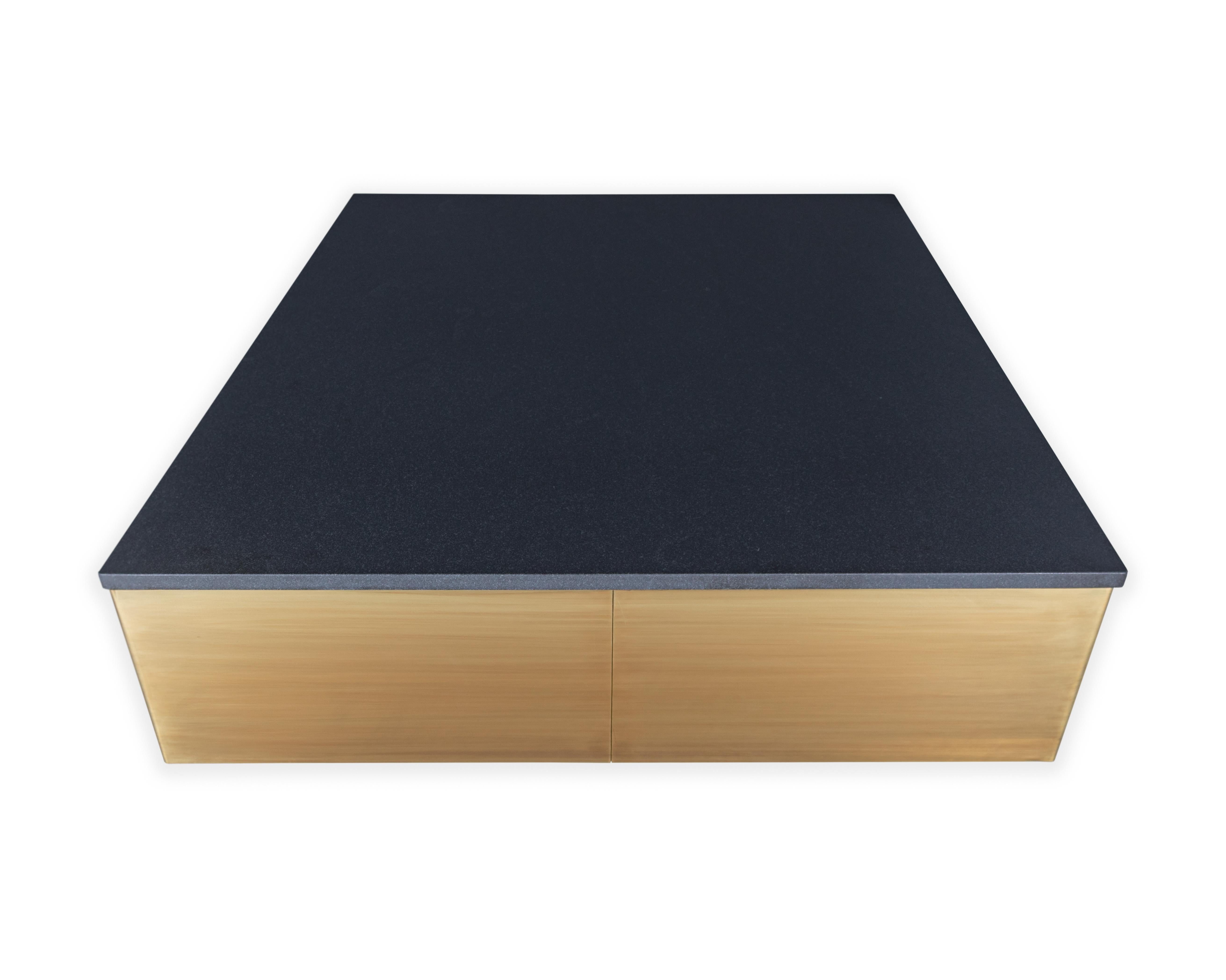 Modern Square Coffee Table with an Absolute Black Leathered Top and Brass Base For Sale