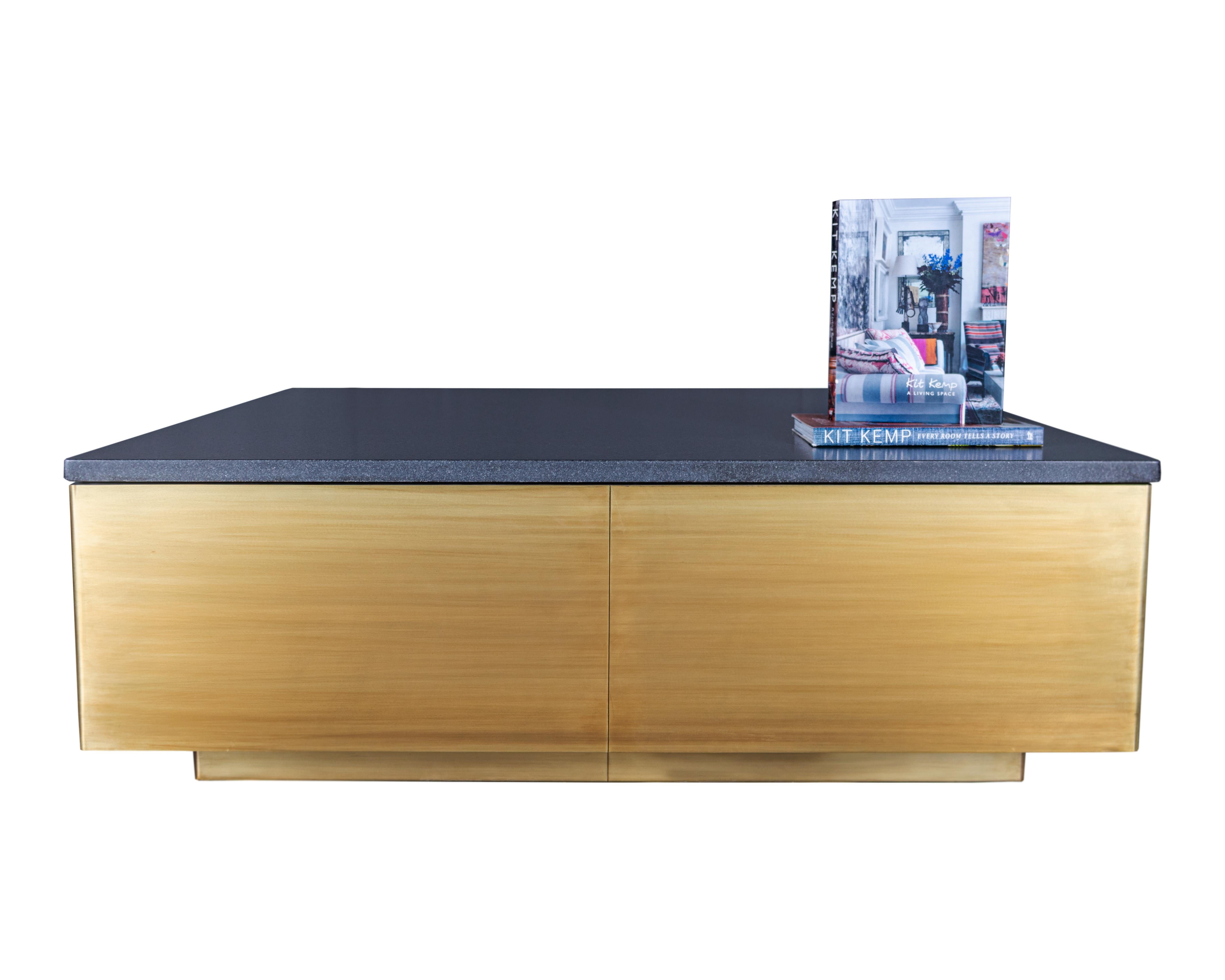 Contemporary Square Coffee Table with an Absolute Black Leathered Top and Brass Base For Sale