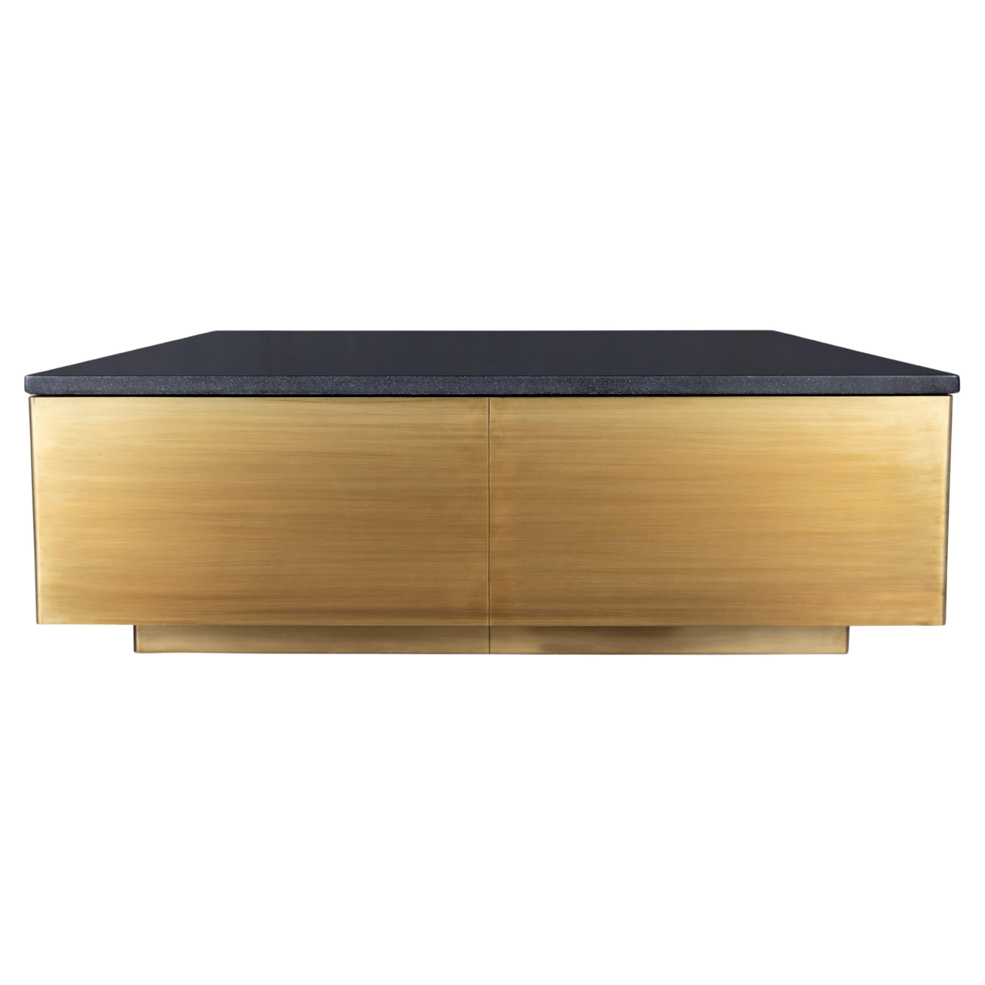 Square Coffee Table with an Absolute Black Leathered Top and Brass Base For Sale