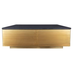 Square Coffee Table with an Absolute Black Leathered Top and Brass Base